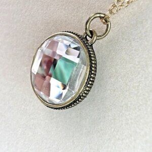 Vintage Reversible Crystal Medallion Pendant Gold Tone Necklace 18”